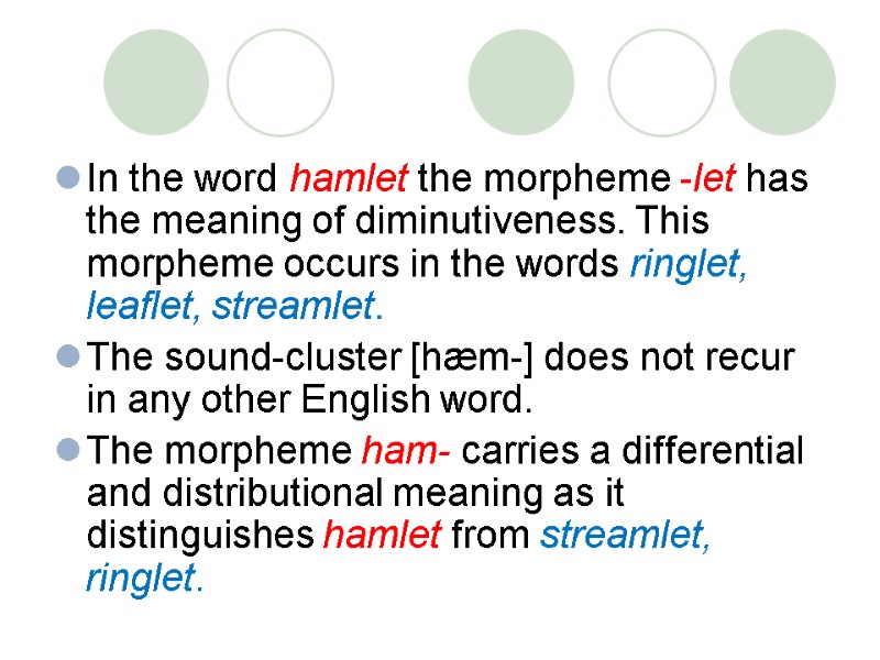 In the word hamlet the morpheme -let has the meaning of diminutiveness. This morpheme